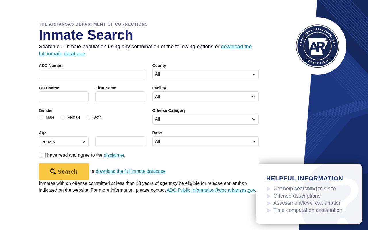 Arkansas Inmate Search for Clay County state custody records