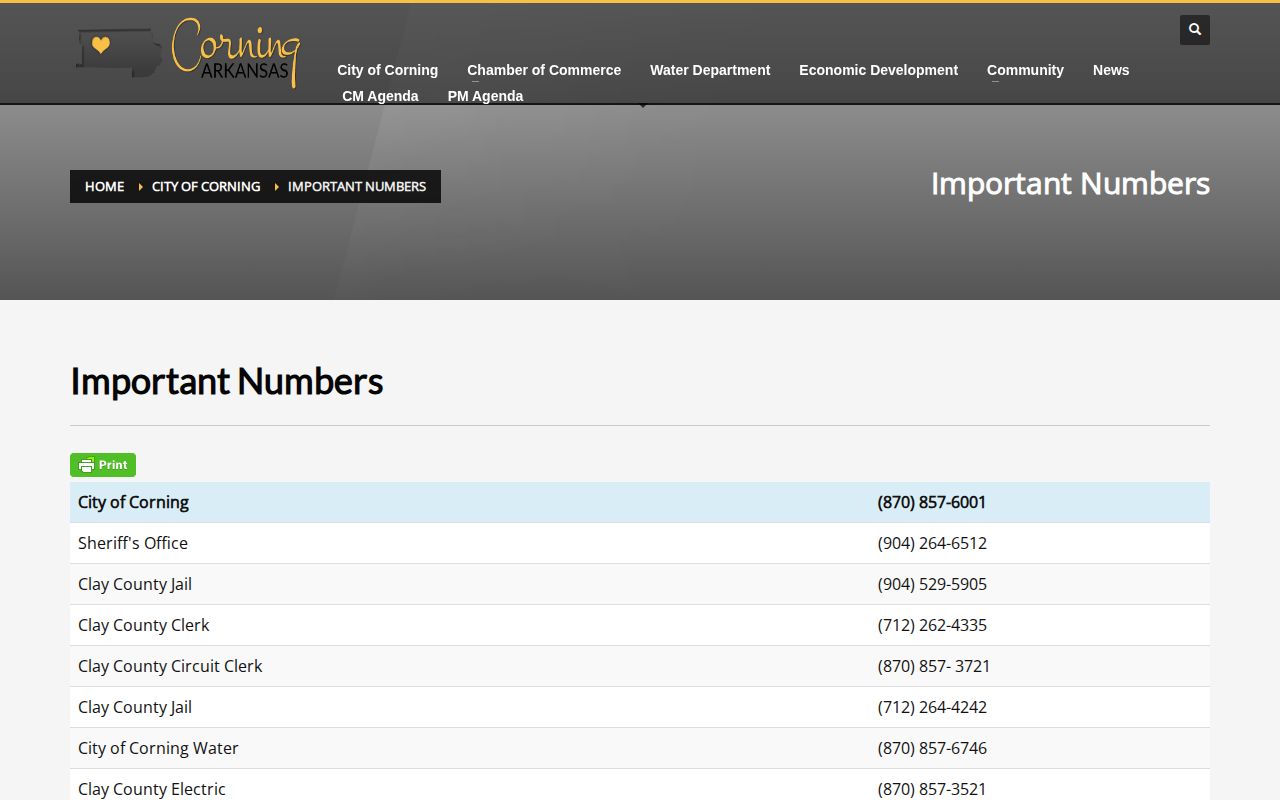 Corning important numbers page requiring verification for Clay County arrest contacts