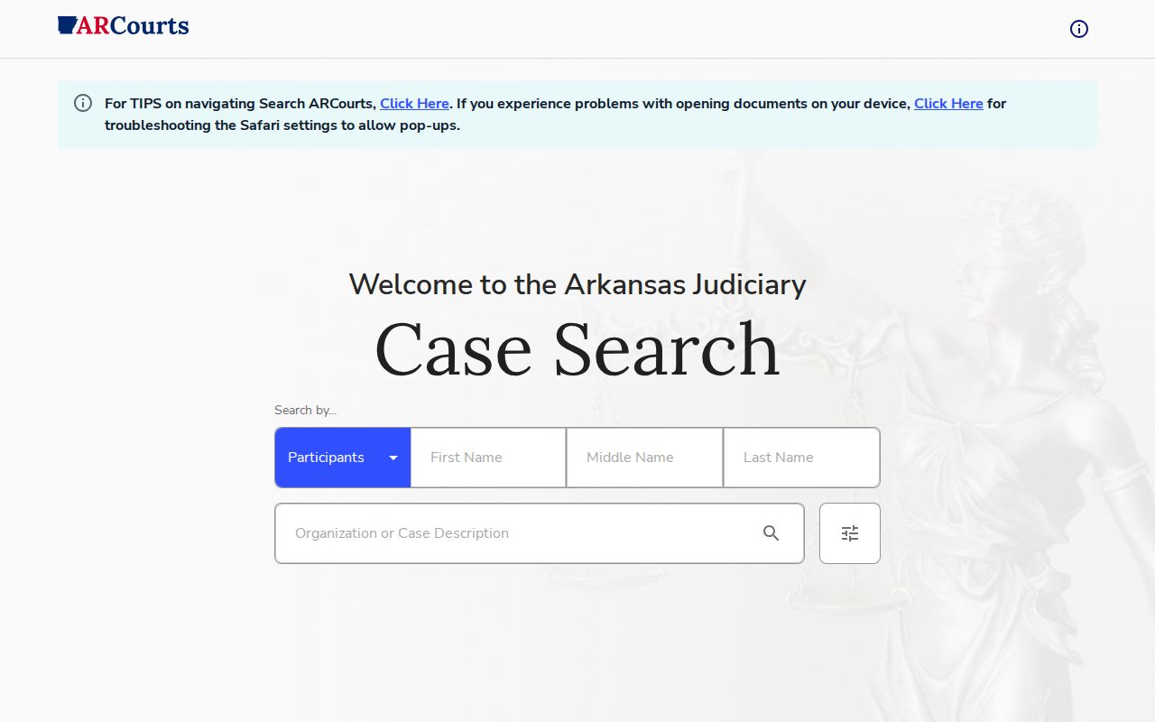 Search ARCourts interface for Clay County arrest case disposition